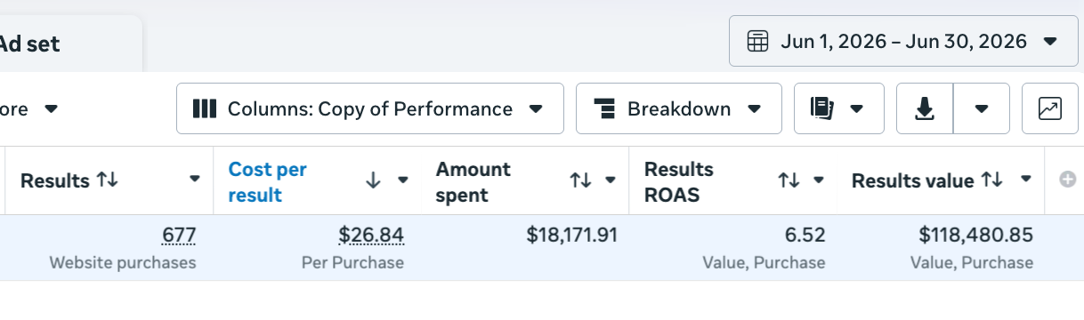 Ad account report showing 6.52x return on ad spend and $118,480 in revenue