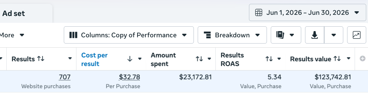 Ad account report showing 5.34x return on ad spend and $123,742 in revenue