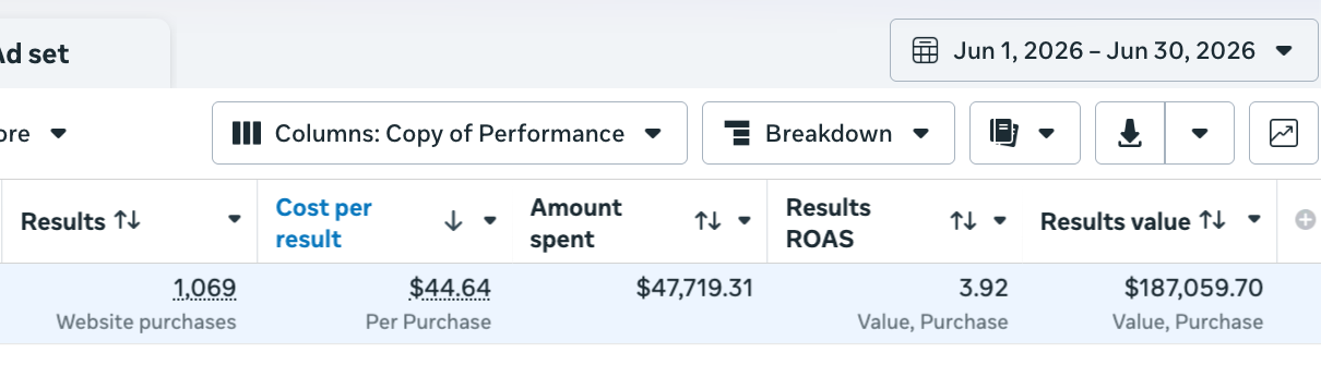 Ad account report showing 3.92x return on ad spend and $187,059 in revenue